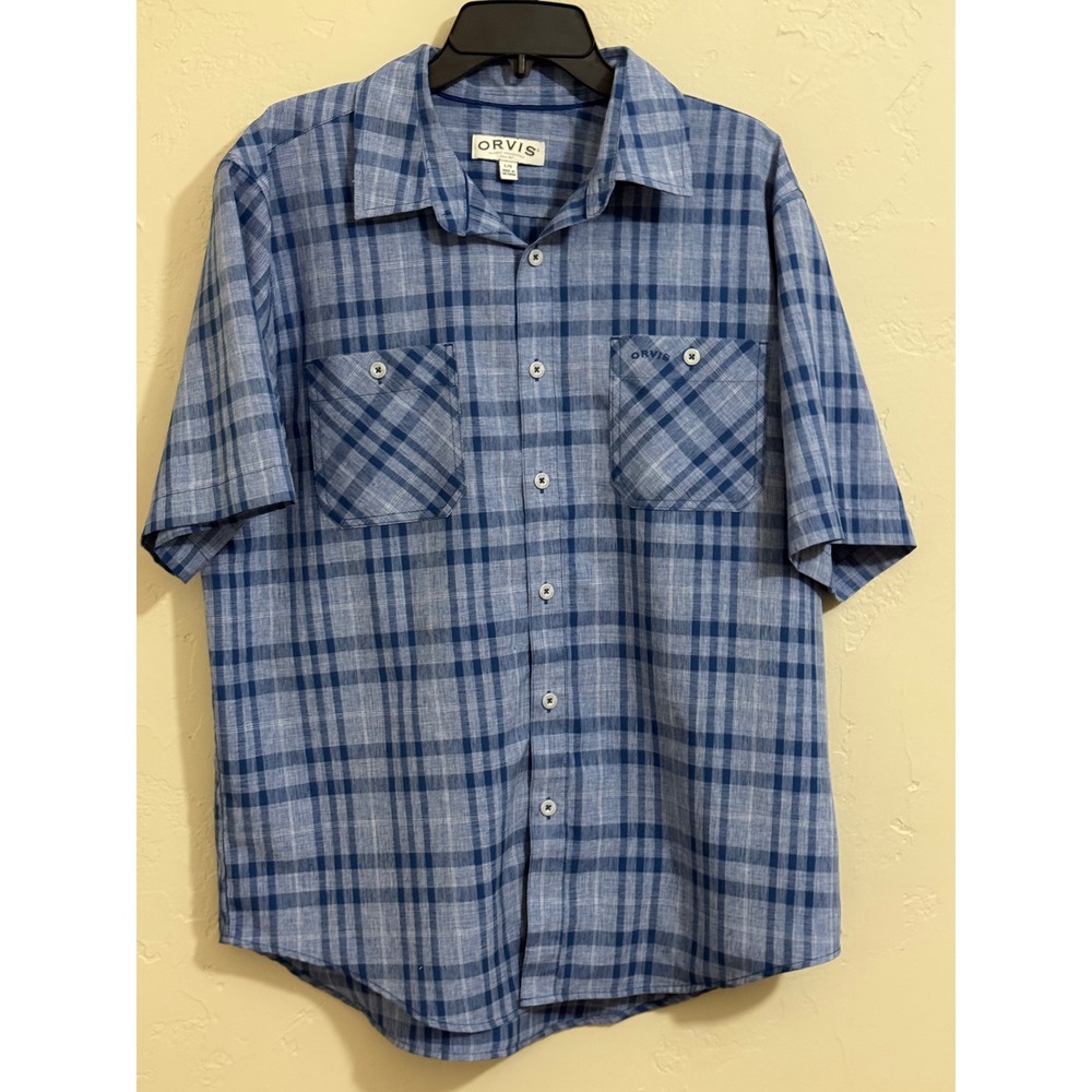 Orvis shirt L blue plaid 2 pocket short sleeve button check cotton mens L/G